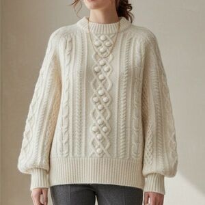 DEMYLEE J.CREW Cable Knit Bobble Balloon Sleeve Wool Sweater